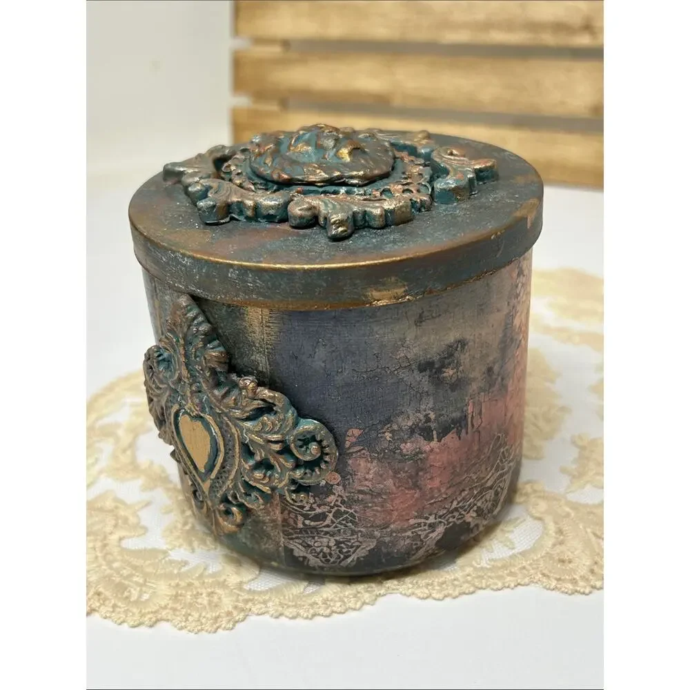 Decorative Antique-Style Trinket Box  with lid in Turquoise and Bronze
